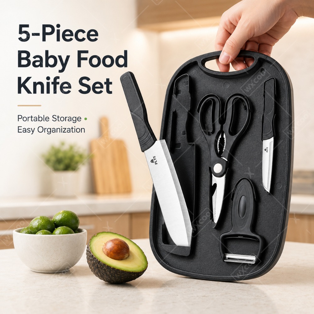 Baby Food Scissors - Baby-Nahrungszubereitungs-Messerset Schneidebrett Edelstahl-Utensilien Schäler Schere Reise-Set